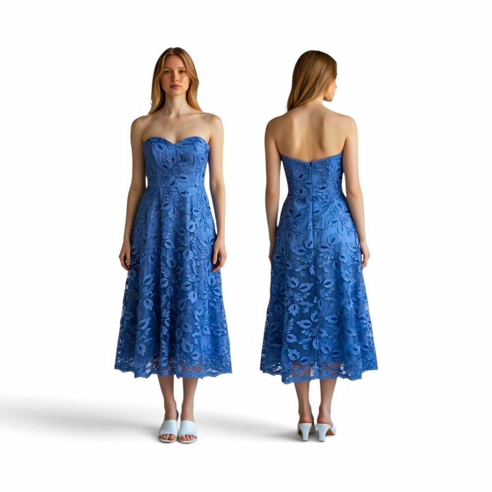 Eliza J Blue Sweetheart Strapless Floral Lace A-Line Midi Dress Size 8